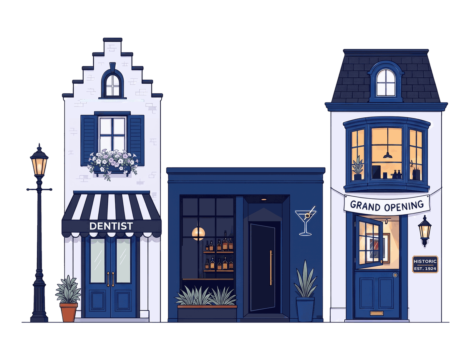 Illustrated row of small business storefronts: a dentist office, a cocktail lounge and an art gallery
