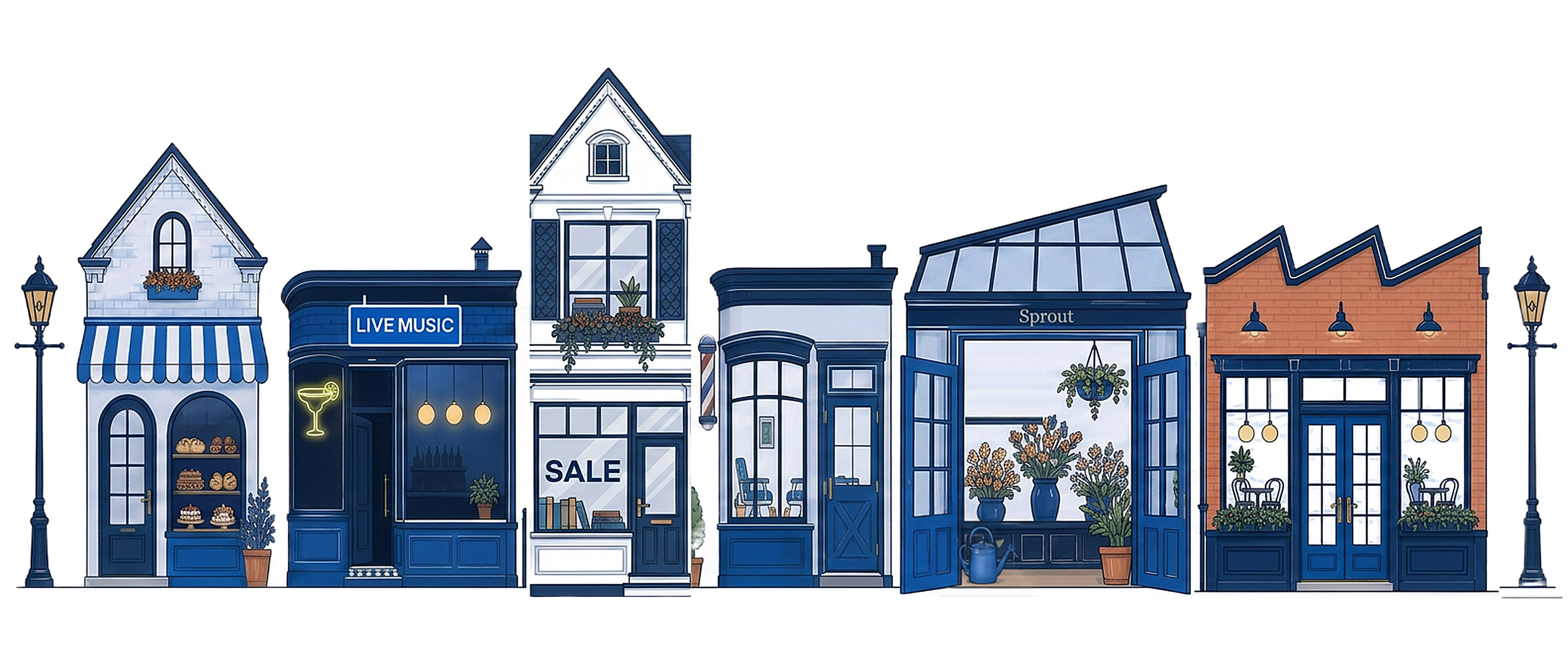 Illustrated street of six small business storefronts: bakery, cocktail lounge, bookshop, barbershop, florist and bistro